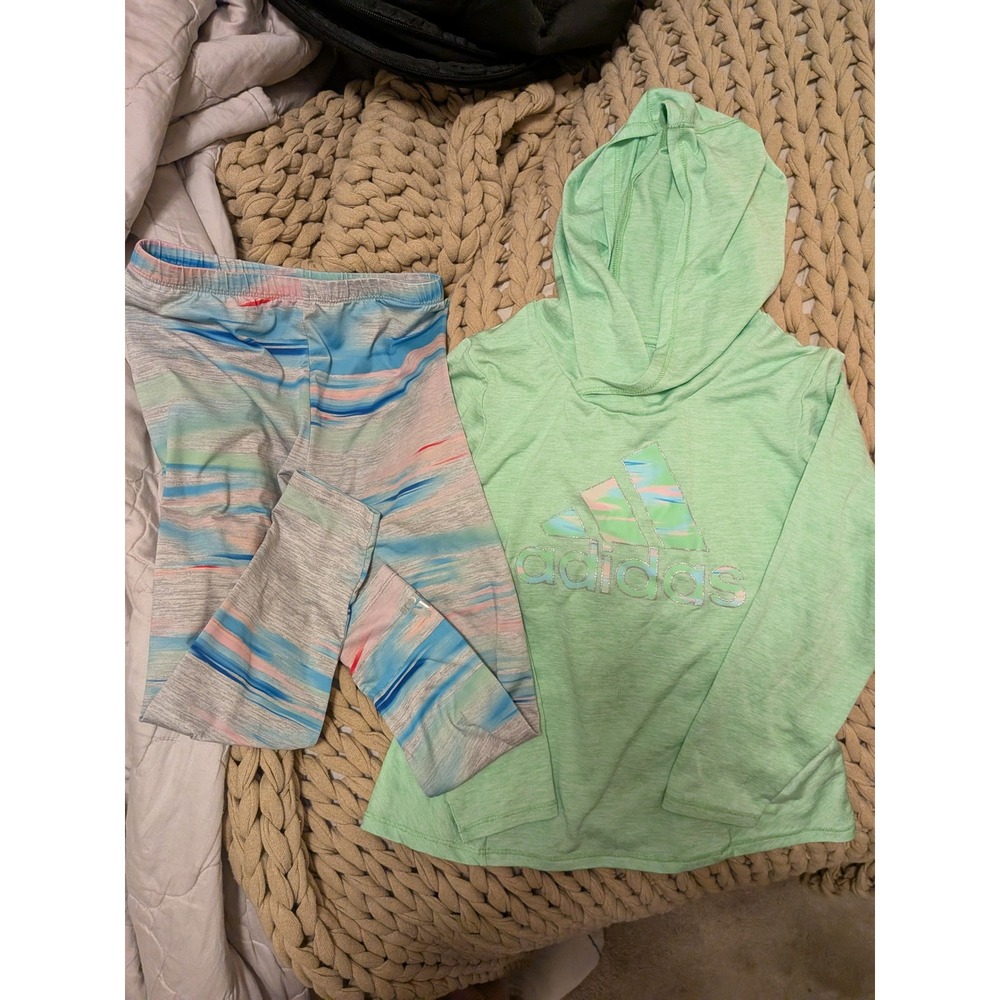 Adidas Girls Mint Green Hooded Top and Marble Print Leggings Set Size 6